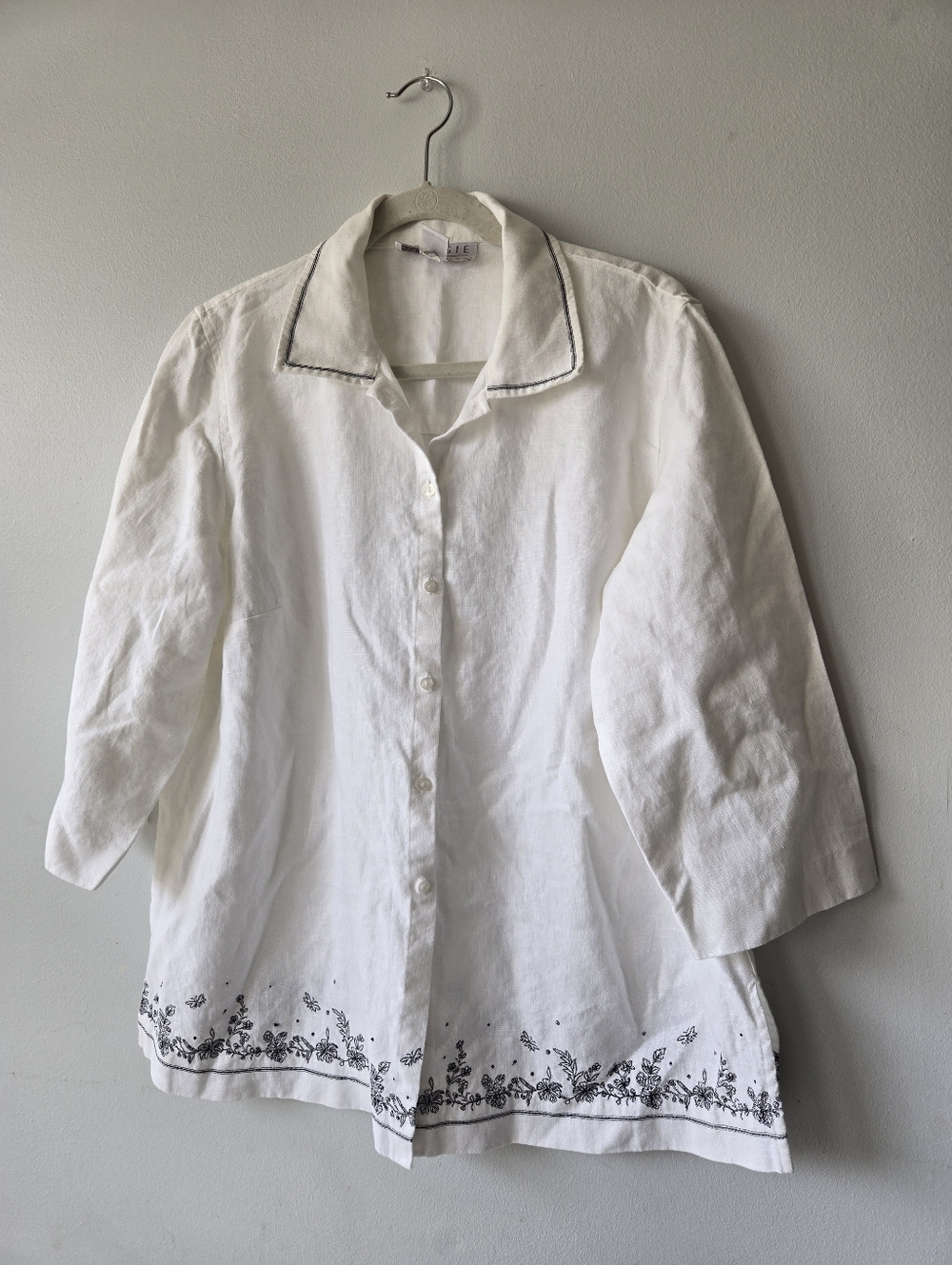 Maggie Mcnaughton Linen Blouse 3/4 Sleeves Embroidered
